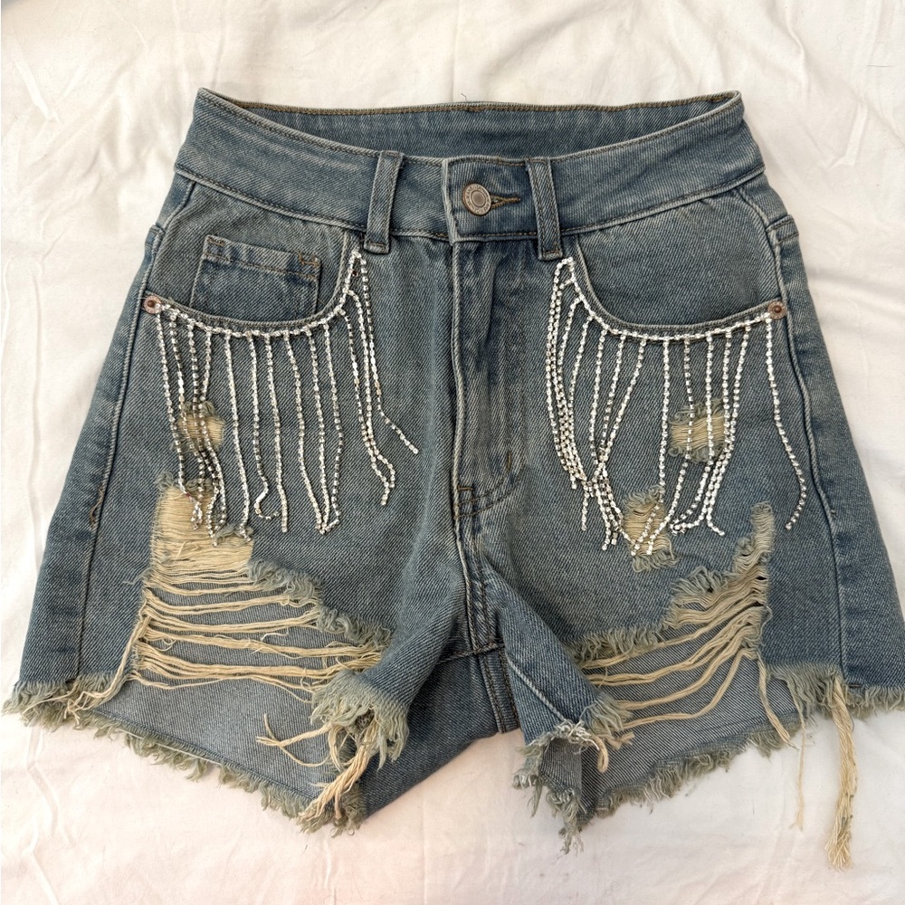 Diamond fringe denim distressed boho festival party shorts size 0